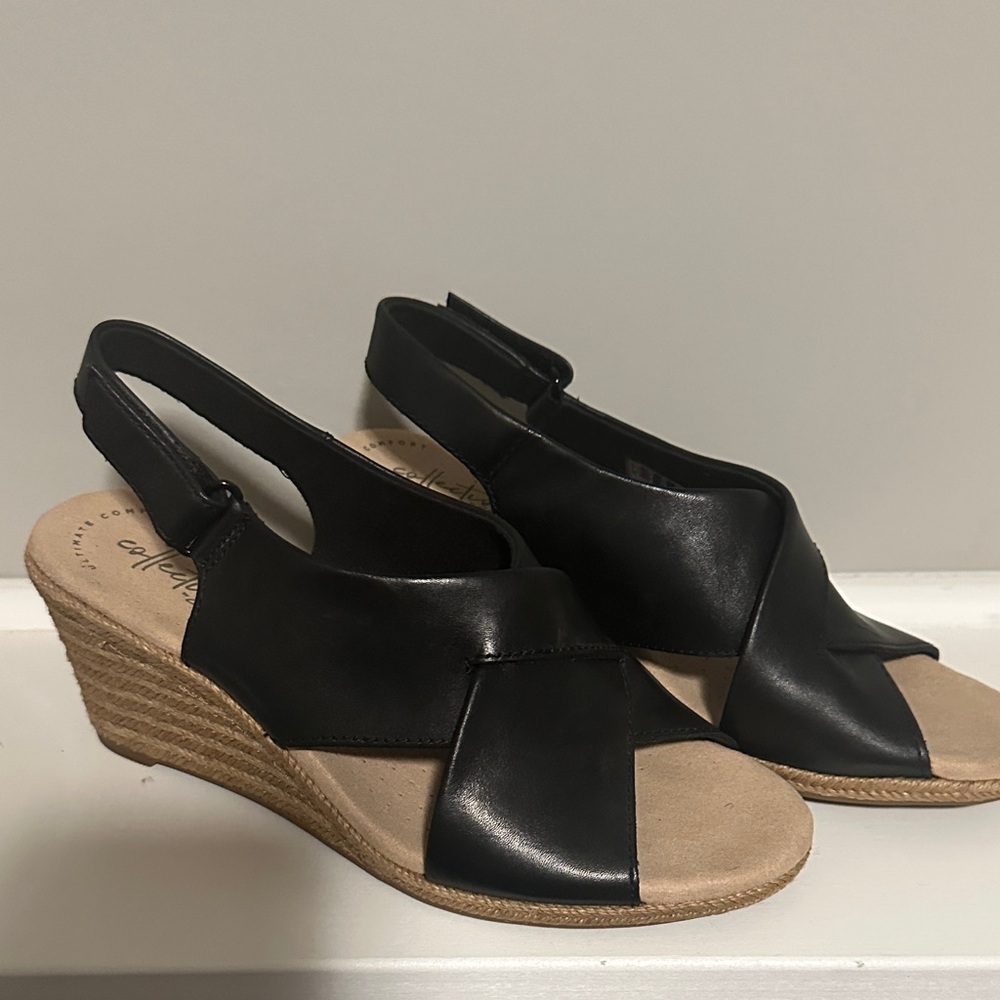 Clarks Black and Tan Wedge Sandals